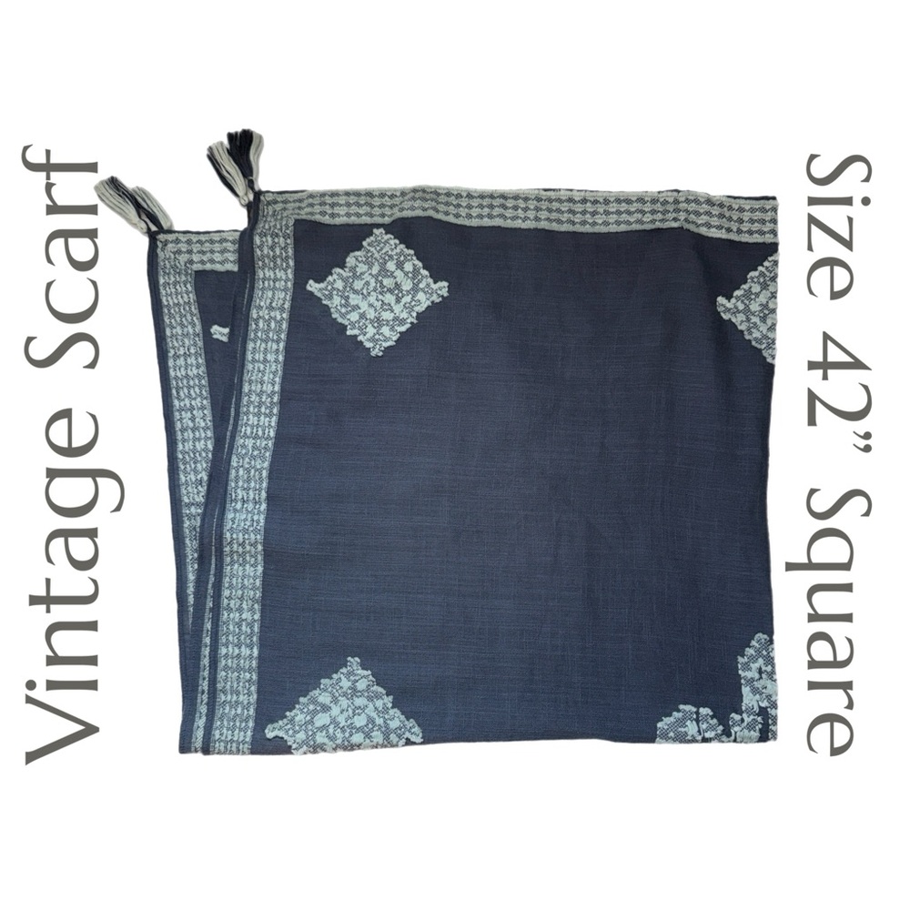 Vintage Navy Embroidered Square Scarf with Tassels - 42” Boho Folk Art Wrap